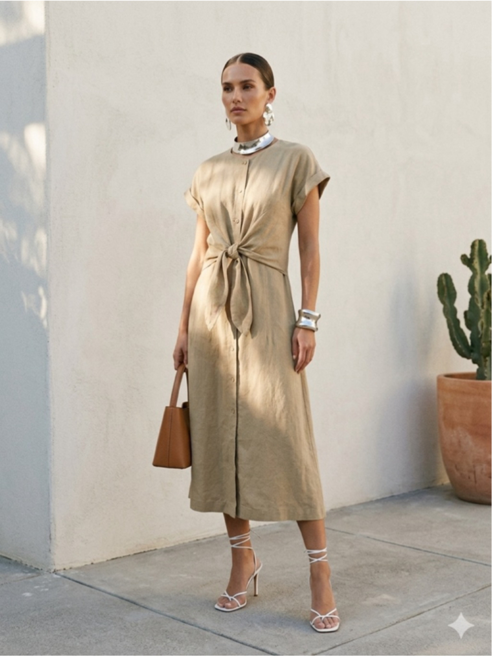 MICAELA & GREG Linen Blend Front Tie Midi Dress Khaki Tan Sz S Made in USA Minim